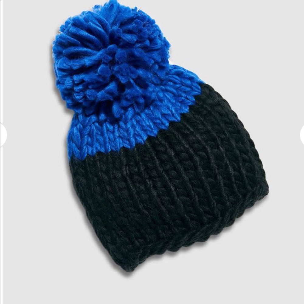 Free People Cozy Up Color Block Blue Black Pom Beanie Knit Winter Hat